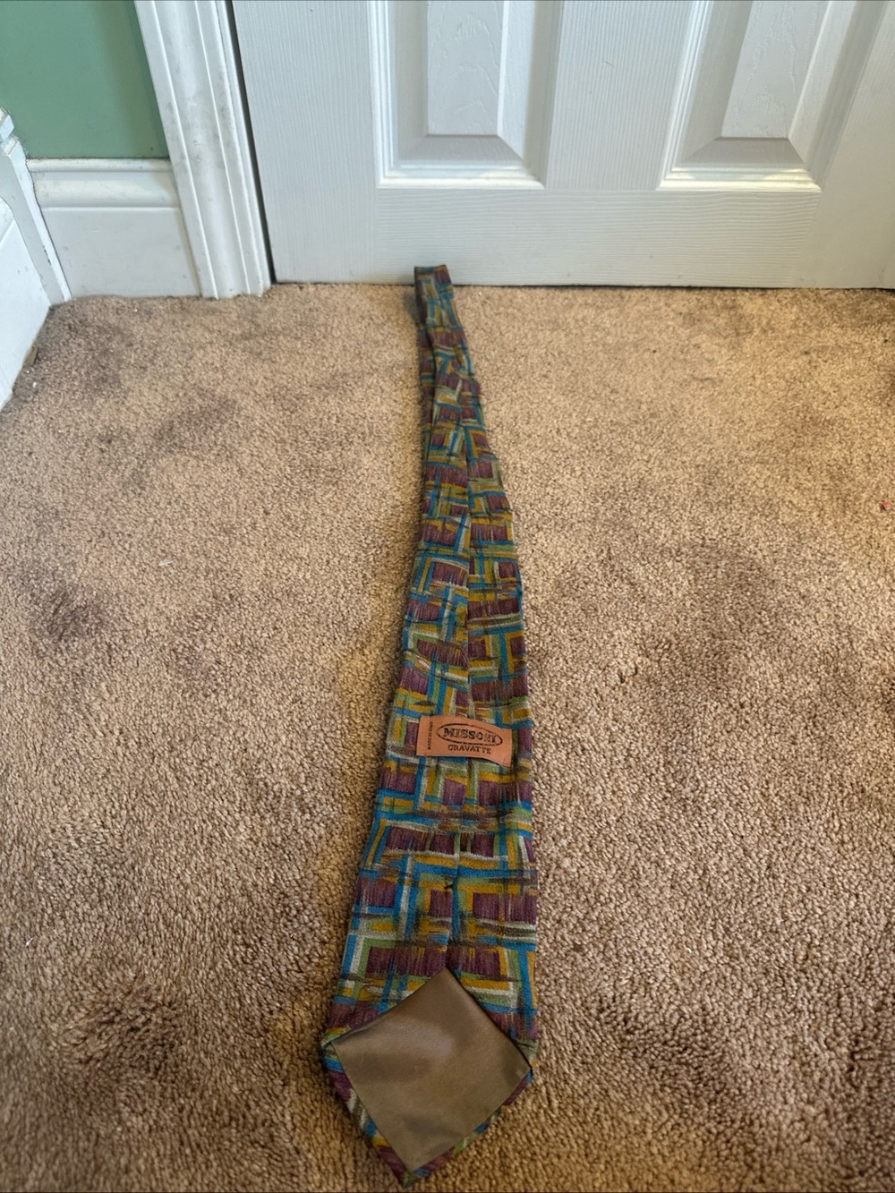 Missoni multi-color geometric silk tie in teal, mustard, purple